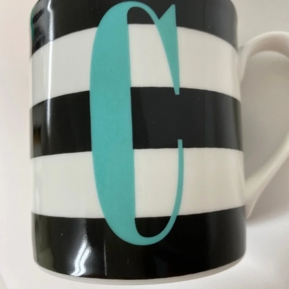Kate Spade New York Monogram “C” Mug/Cup, 12oz, Black Stripes, Turquoise Initial - Picture 8 of 8